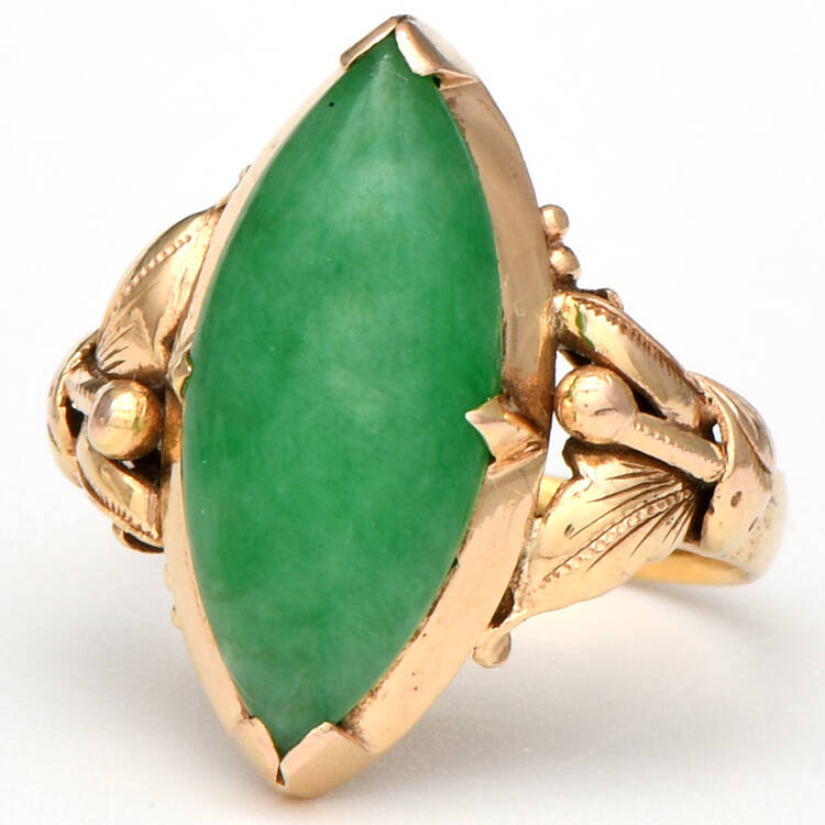 18KY Art Nouveau Navette Jadeite(2.5) Ring