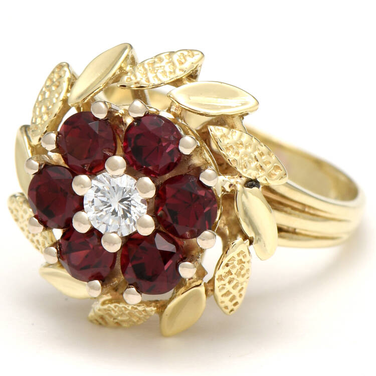 14KY Vintage Garnet (1.25) & Diamond (0.18) Floral Ring
