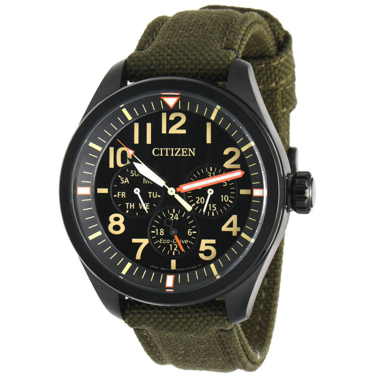 Citizen Eco Drive Mens Garrison Day Date with Green Nylon Strap