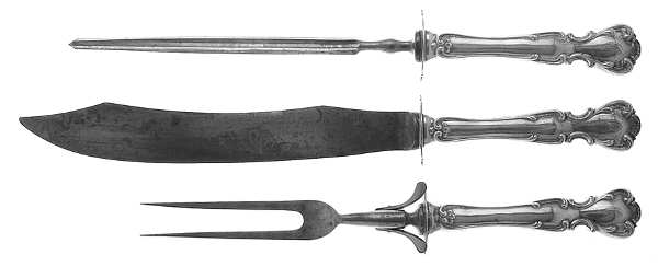 Flanders-Old (Sterling, 1900, No Monograms) Large 3-Piece Roast Carving Set w/ Stainless Blade