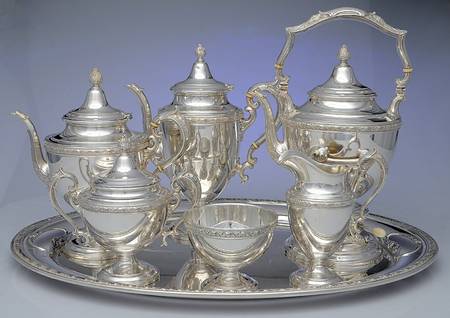 Chased Romantique (Sterling Holloware) 7 Piece Tea Set (SCP, STP, SCR, SSU, SWB, SKES & WTL) by Alvin