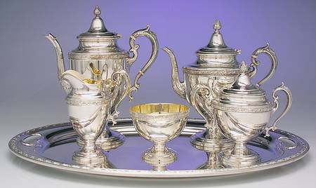 Chased Romantique (Sterling Holloware) 6 Piece Tea Set (SCP, STP, SCR, SSU, SWB, PWT)