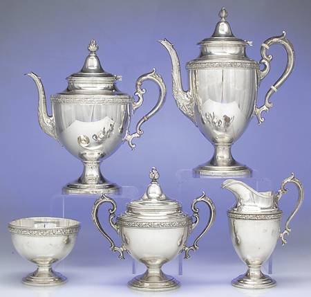 Chased Romantique (Sterling Holloware) 5 Piece Tea Set (SCP, STP, SCR, SSU, SWB)