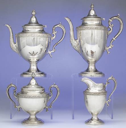 Chased Romantique (Sterling Holloware) 4 Piece Tea Set (SCP, STP, SCR, SSU)