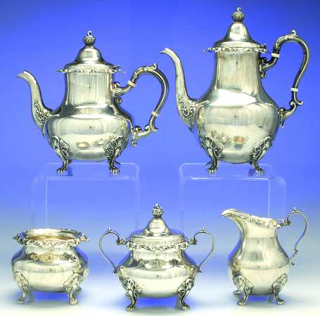 French Scroll (Sterling, 1953, Hollowware) 5 Piece Tea Set (SCP, STP, SCR, SSU, SWB)