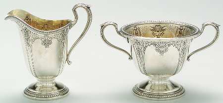Della Robbia (Sterling, Hollowware, Floral, Lines) Mini Sterling Creamer and Open Sugar