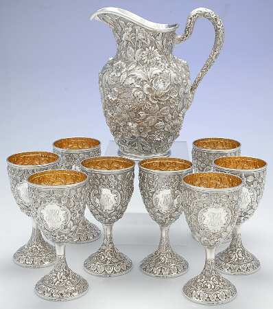 Repousse (Sterling, Hollowware) 9 Piece Set (Pitcher, 8 Goblet)