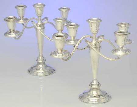 S257 (Sterling, Hollowware) Pair of Weighted 5 Light Candelabra