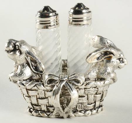 Bunnies (Aluminum, Hollowware) Crystal Salt & Pepper Set W/Metal Stand