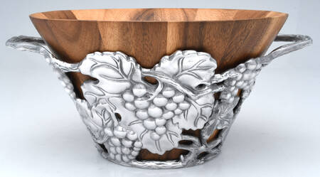Grape (Aluminum, Hollowware) 12" Wood Salad Serving Bowl & Metal Stand