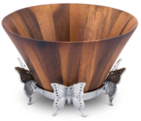 Butterfly (Aluminum, Serveware) 12" Wood Salad Serving Bowl & Metal Stand