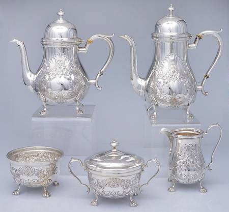 824 (Sterling, Hollowware) 5 Piece Tea Set (SCP, STP, SCR, SSU, SWB)
