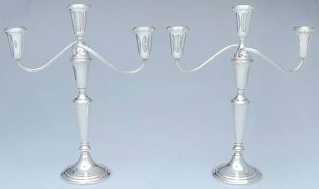 S279 (Sterling, Hollowware) Pair of Weighted 3 Light Candelabras