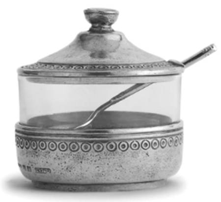 Anna Caffe (Pewter, Hollowware) Glass Sugar with Metal Lid & Base & Spoon