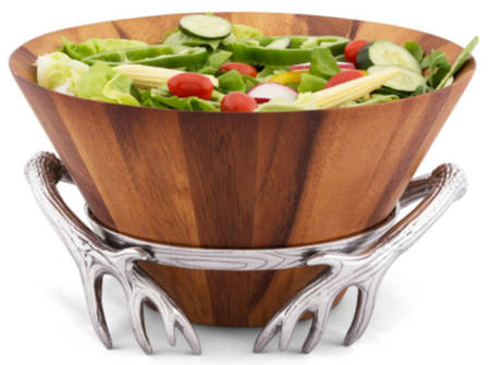 Antler (Pewter, Hollowware) 12" Wood Salad Serving Bowl & Metal Stand