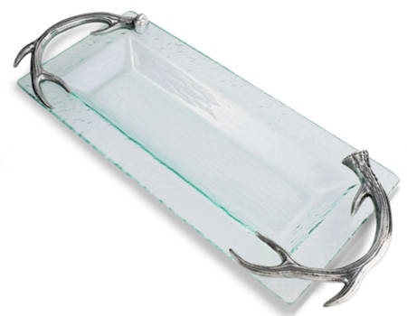 Antler (Pewter, Hollowware) 19" Rectangular Glass Tray with Metal Accent