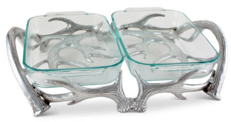Antler (Pewter, Hollowware) Rectangular Double Casserole Holder w/Pyrex Liners