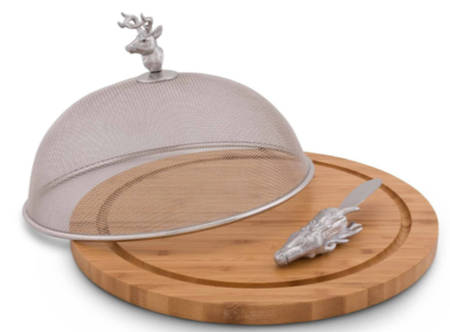 Antler (Pewter, Hollowware) Wood Cheese Board & Mesh Dome with Spreader