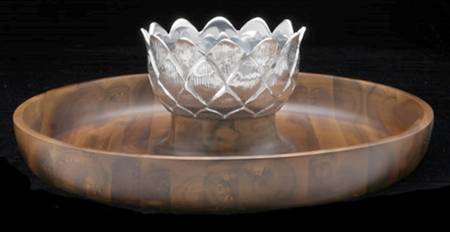 Organic Garden (Aluminum, Hollowware) Metal Bowl on Wood Tray Chip and Dip Set