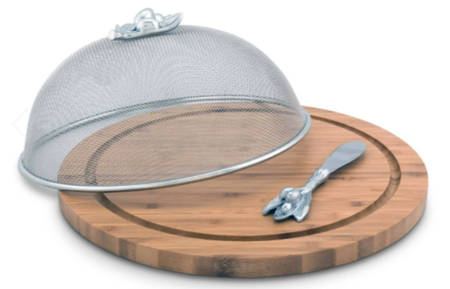Olive Grove (Aluminum, Hollowware) Wood Cheese Board & Mesh Dome with Spreader