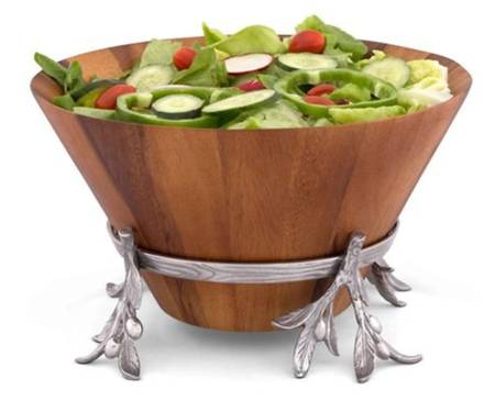 Olive Grove (Aluminum, Hollowware) 12" Wood Salad Serving Bowl & Metal Stand