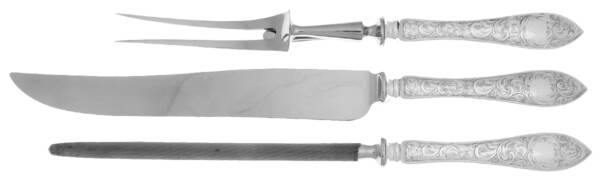 Tudor Scroll (Sterling, 1914, No Monograms) Large 3-Piece Roast Carving Set w/ Stainless Blade