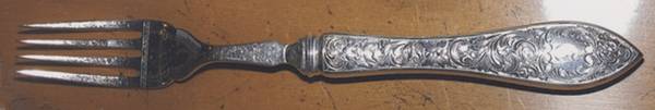 Tudor Scroll (Sterling, 1914, No Monograms) Ind Bright Cut Hollow Hdl Fish Fork W/Plated Tines