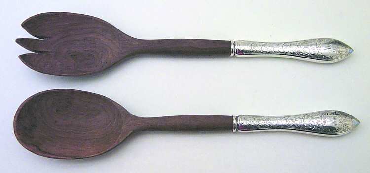 Tudor Scroll (Sterling, 1914, No Monograms) Wooden Bowl 2-Piece Salad Set