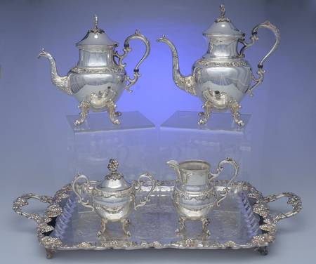 BIM6 (Silverplate, Hollowware) 5-Pc Silverplate Tea Set with Footed Tray