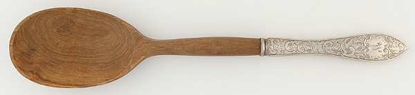 Tudor Scroll (Sterling, 1914, Monograms) Salad Serving Spoon with Wooden Bowl