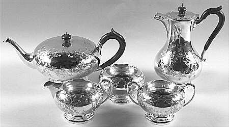London-Engraved (Sterling, Hollowware) 5 Piece Tea Set (SCP, STP, SCR, SSU, SWB)