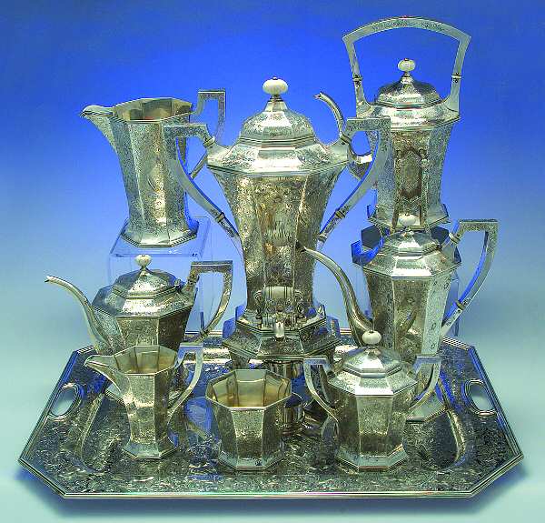 1285 (Sterling, Hollowware) 9 Piece Tea Set (SCP, STP, SCR, SSU, SWB, SPIT, SKES, WTL, URN)