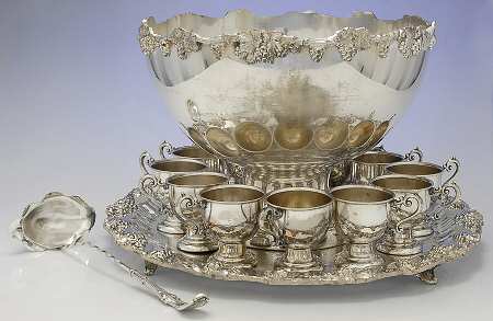 Silverplate Hollowware Punch Set (Bowl,Tray,Ladle & 12 Cups)