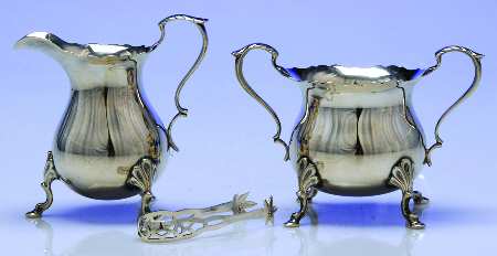 19 (Sterling, Hollowware) Mini Creamer & Open Sugar with Tongs