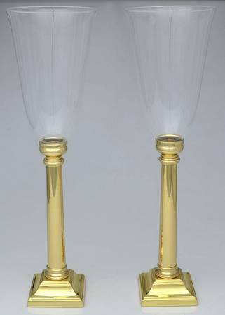 Brass Candlesticks Pair of Hurricane Lamps & Globes