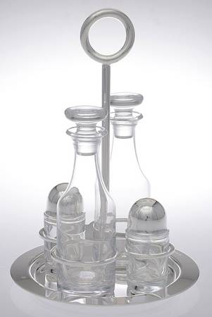 Vertigo (Silverplate, Hollowware) Cruet Set-4 Crys Bottles W/Std