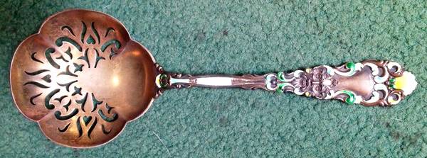 Renaissance (Sterling, 1894) Enameled Pierced Nut Serving Spoon