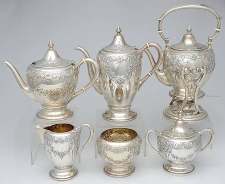 100 (Sterling, Hollowware) 6 Piece Tea Set (SCP, STP, SCR, SSU, SWB, SKES)