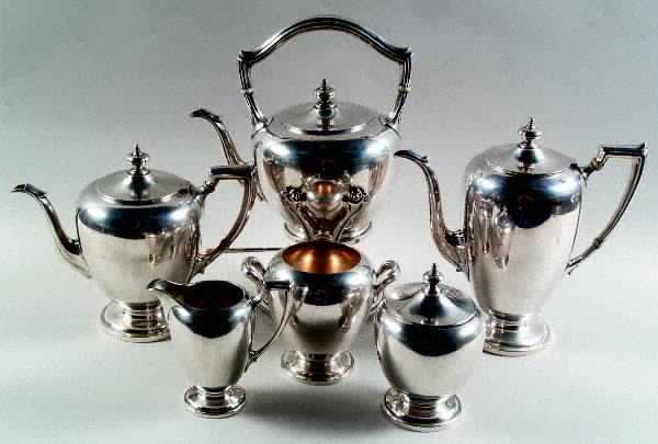 Pointed Antique (Sterling, Hollowware) 6 Piece Tea Set (SCP, STP, SCR, SSU, SWB, SKES)