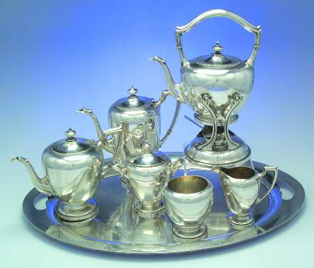 Pointed Antique (Sterling, Hollowware) 7 Piece Tea Set (SCP, STP, SCR, SSU, SWB, SKES & WTL)