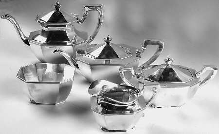 Queen Anne-Plain (Sterling, 1910, Hollowware) 5 Piece Tea Set (SCP, STP, SCR, SSU, SWB)