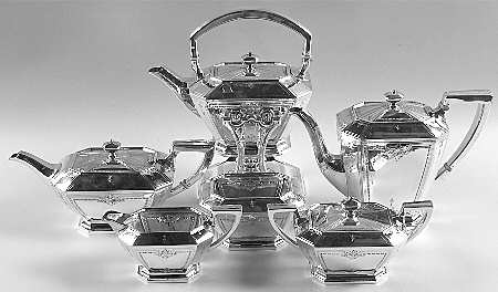 Colfax (Sterling, 1922, Hollowware) 6 Piece Tea Set (SCP, STP, SCR, SSU, SWB, SKES)