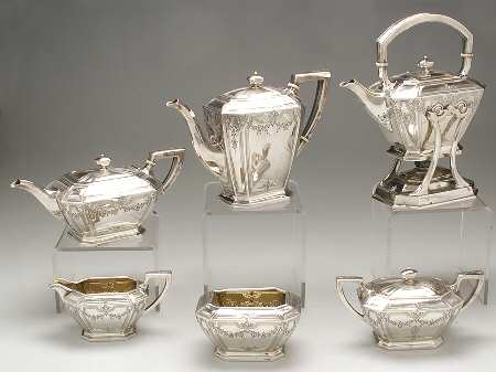 Fairfax No. 4-B-Engraved (Sterling, 1910, Hlwr) 6 Piece Tea Set (SCP, STP, SCR, SSU, SWB, SKES)