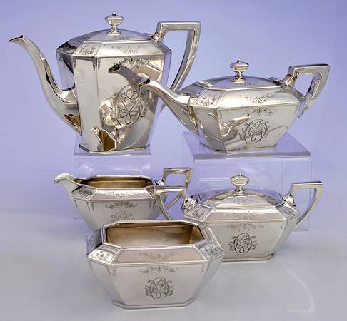 Fairfax No. 2-Engraved (Sterling, 1910, Hollowware) 5 Piece Tea Set (SCP1, STP1, SCR1, SSU1, SWB1)