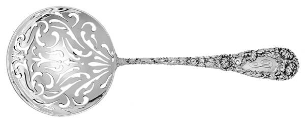 Chrysanthemum (Sterling, 1893, Monograms) Large Pierced Pea Serving Spoon
