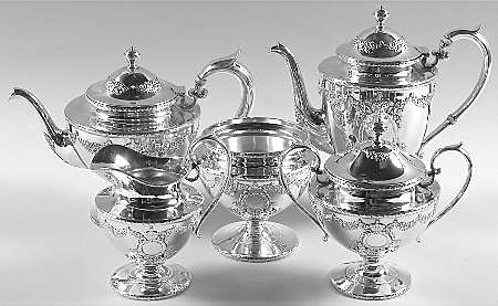 Empire (Sterling, 1895, Hollowware) 5 Piece Tea Set (SCP, STP, SCR, SSU, SWB)