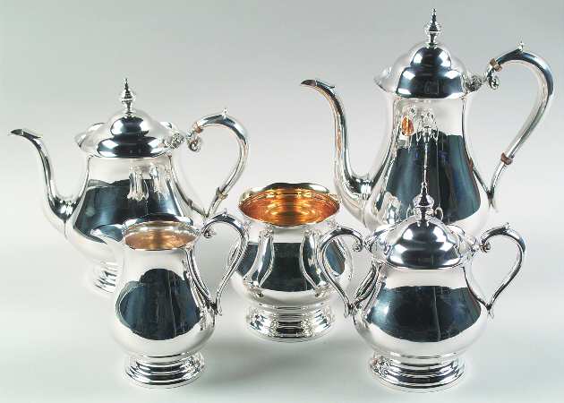 Priscilla (Sterling, Hollowware) 5 Piece Tea Set (SCP, STP, SCR, SSU, SWB)