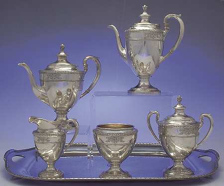 Marie Antoinette-Chased (Sterling, Hollowware) 6 Piece Tea Set (SCP, STP, SCR, SSU, SWB, PWT)