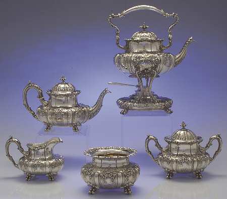 800 (Sterling, Hollowware) 5 Piece Tea Set (STP, SCR, SSU, SWB, SKES)