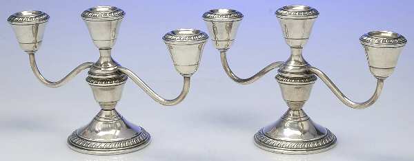 D5S1 (Sterling, Hollowware) Pair of Weighted 3 Light Candelabra